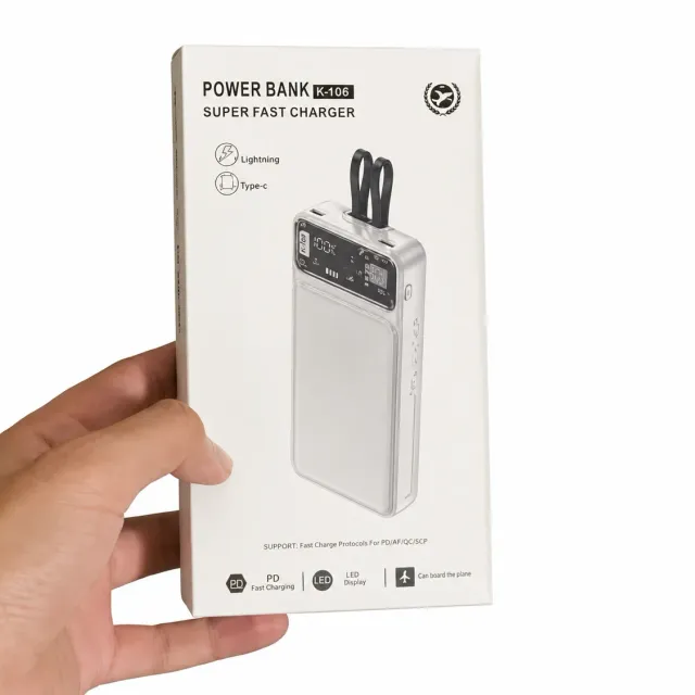 Fast Charging Power Bank 20000mAh Built-in Cables + LED