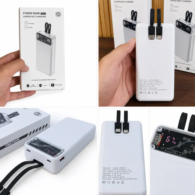 Fast Charging Power Bank 20000mAh Built-in Cables + LED