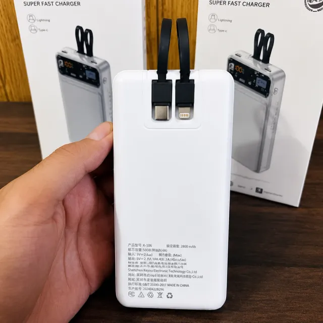 Fast Charging Power Bank 20000mAh Built-in Cables + LED