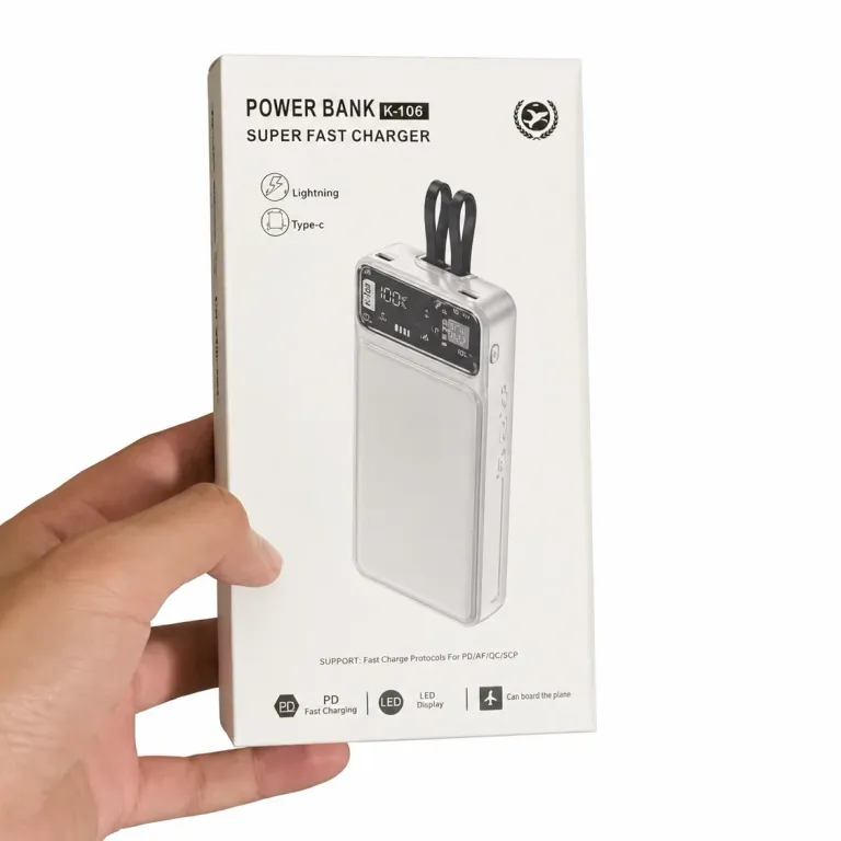 Fast Charging Power Bank 20000mAh Built-in Cables + LED