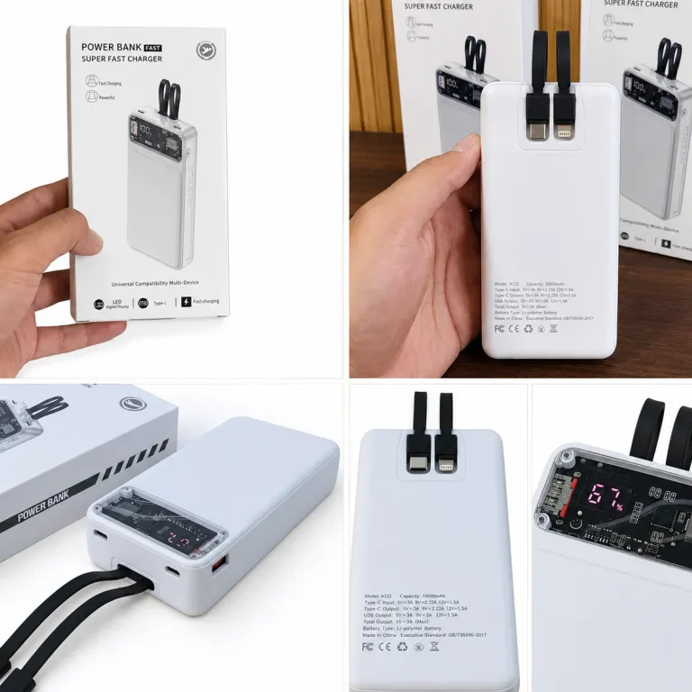 Fast Charging Power Bank 20000mAh Built-in Cables + LED